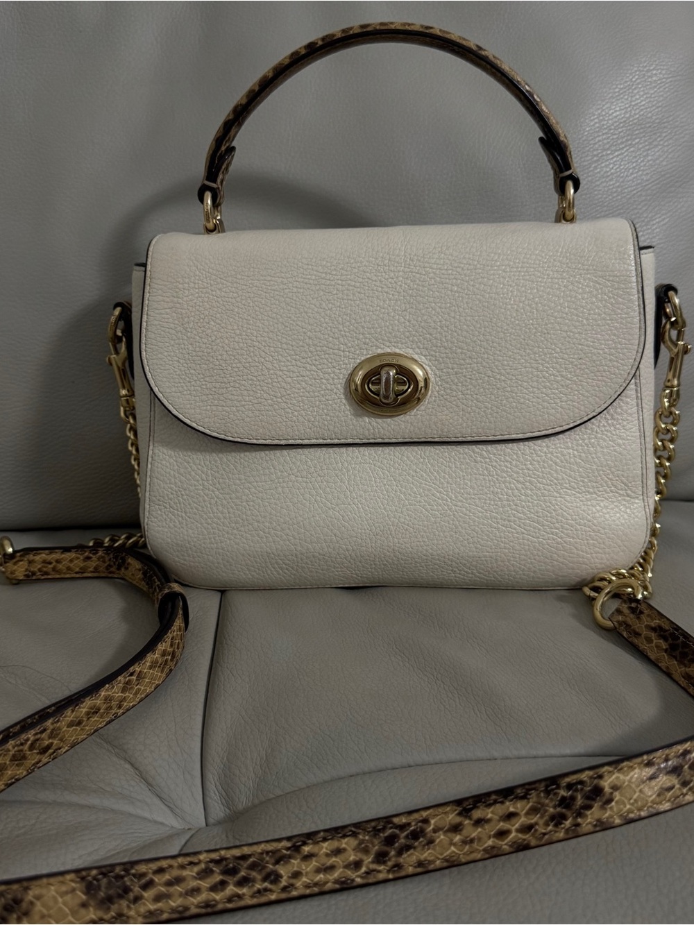 Coach Cream Pebbled Leather Satchel with Snakeskin-Pattern Strap